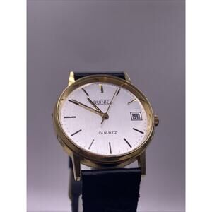 Quintel Unisex Gold Tone Black Leather WatcH Works New Battery